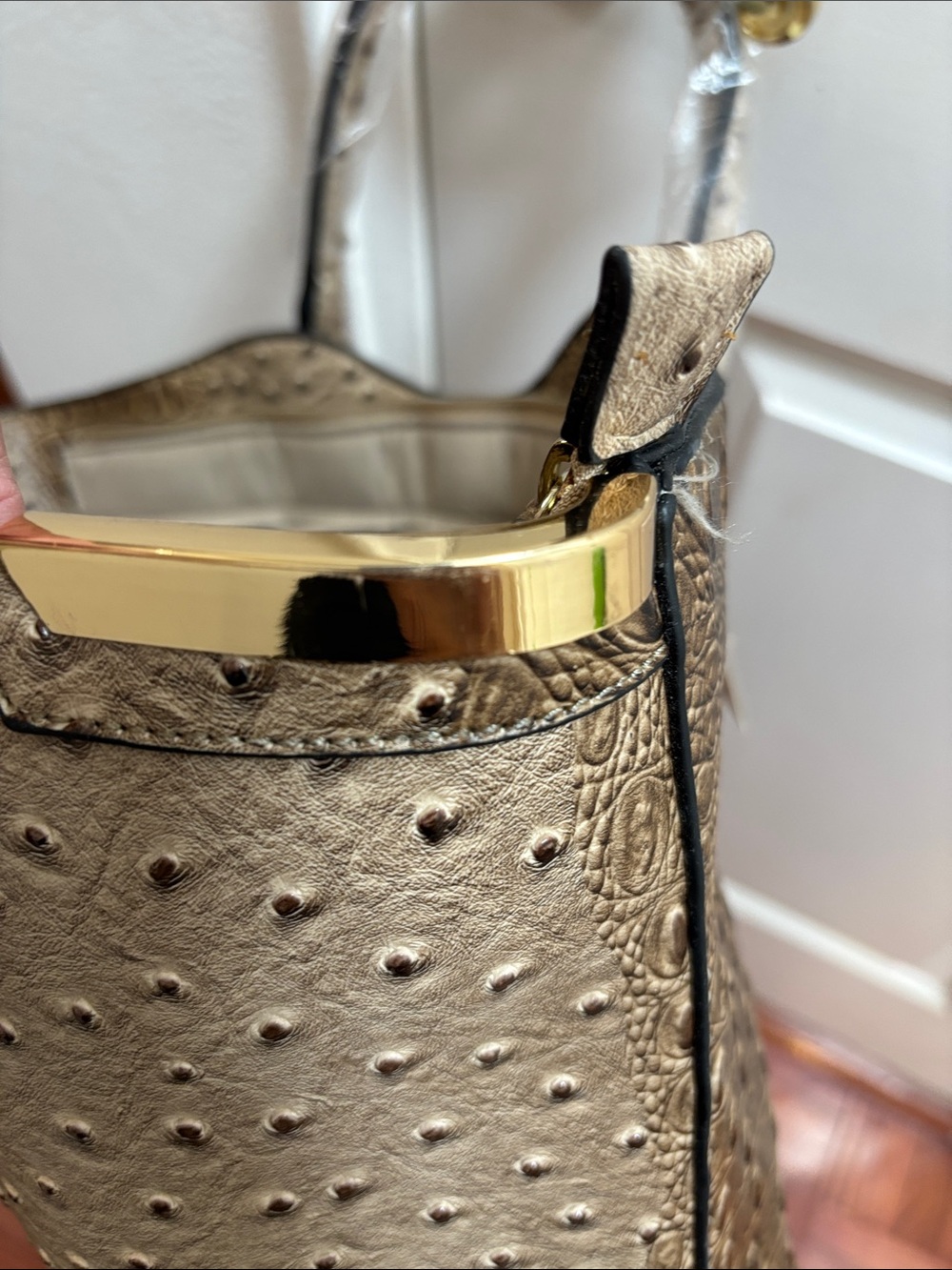 Diophy Taupe Ostrich-Textured Tote with Top Handles - Picture 7 of 10